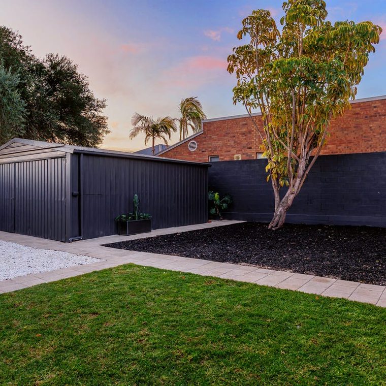 The same backyard after — lawn, landscaping and dark fencing, same gum tree