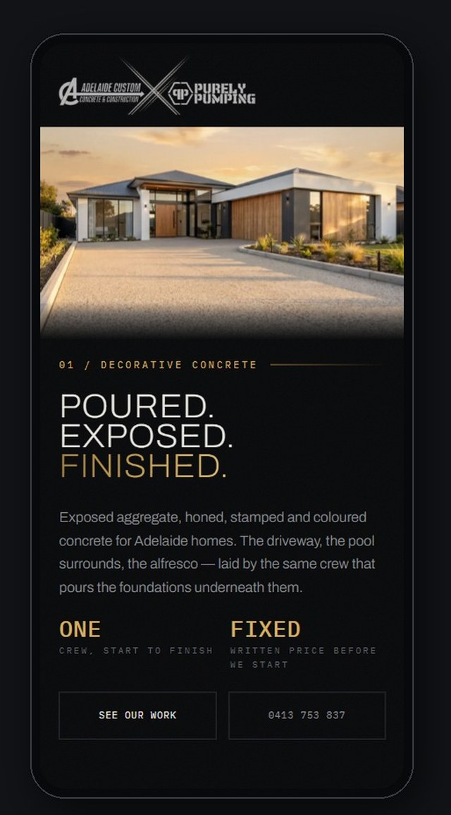 The Adelaide Custom Concrete website shown on a phone