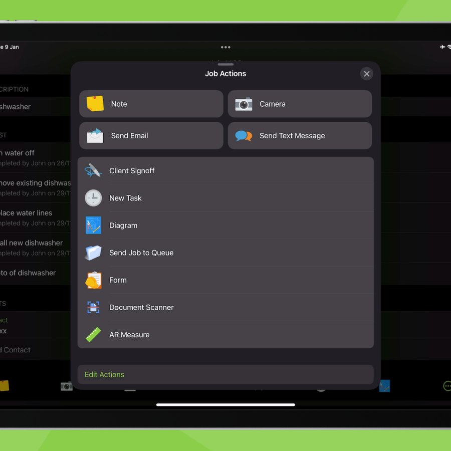 The job actions list in ServiceM8