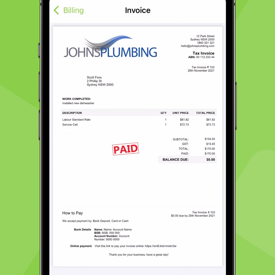 An invoice generated by ServiceM8