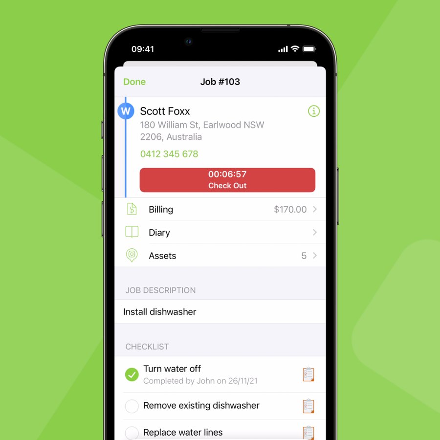 A ServiceM8 job card on a phone