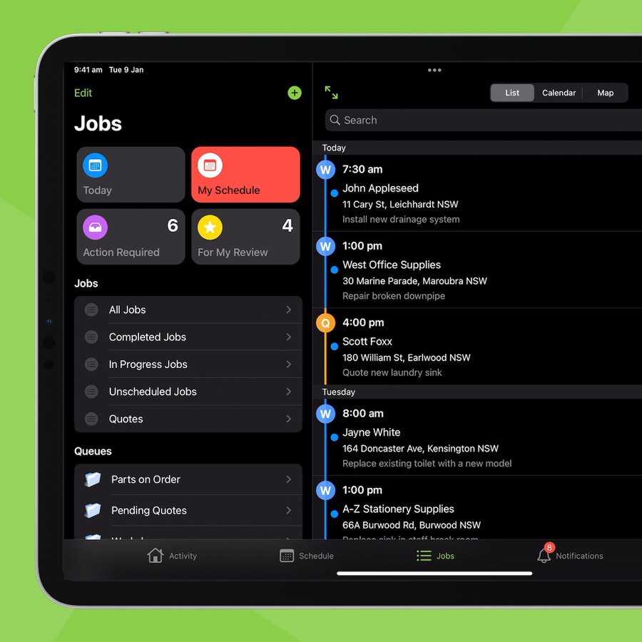 ServiceM8 showing the day's jobs and schedule on a tablet
